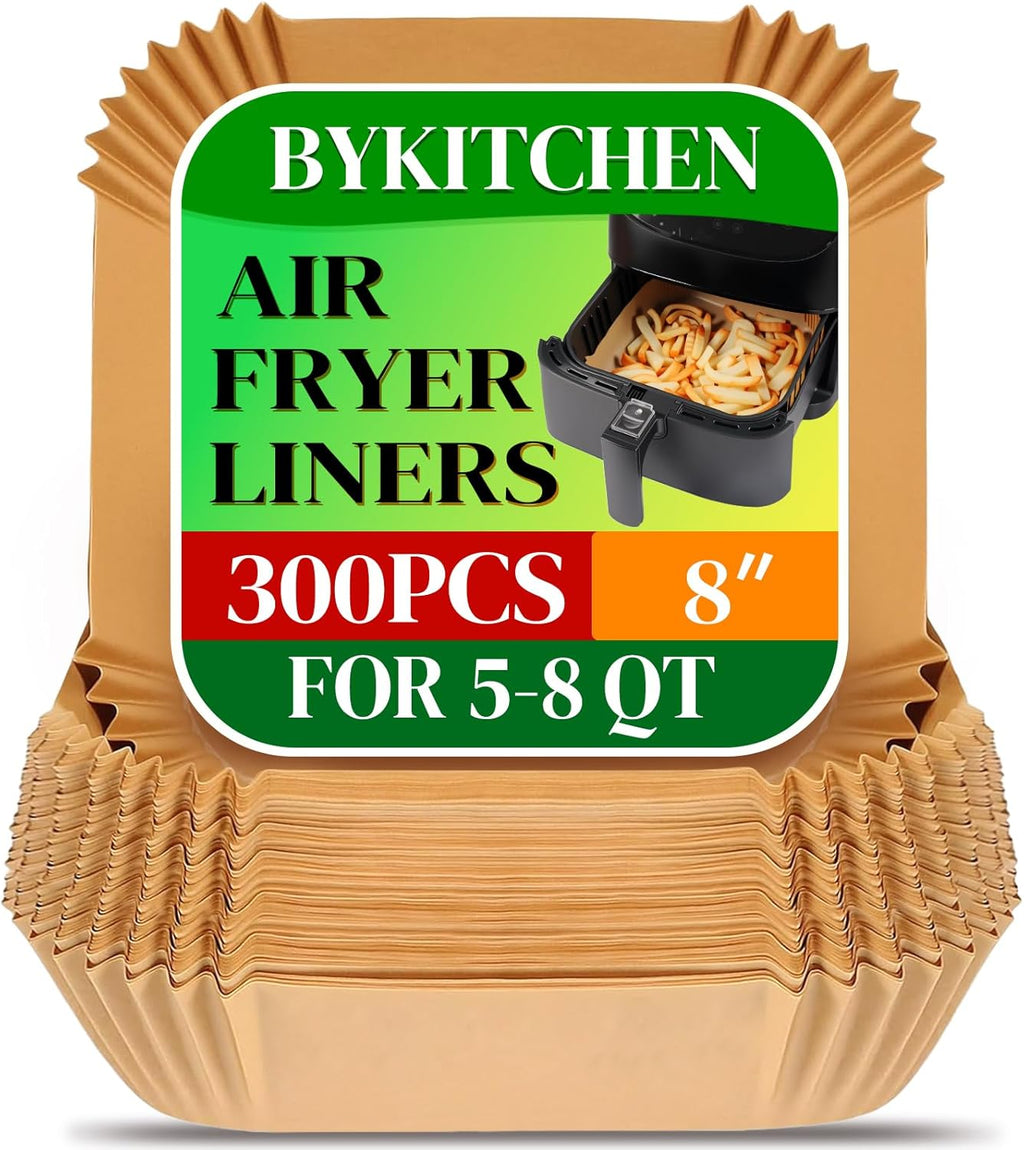 BYKITCHEN 8in Square Disposable Air Fryer Liners, 300PCS Parchment Paper