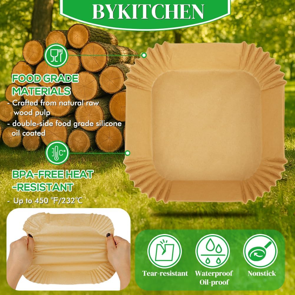 BYKITCHEN 8in Square Disposable Air Fryer Liners, 300PCS Parchment Paper