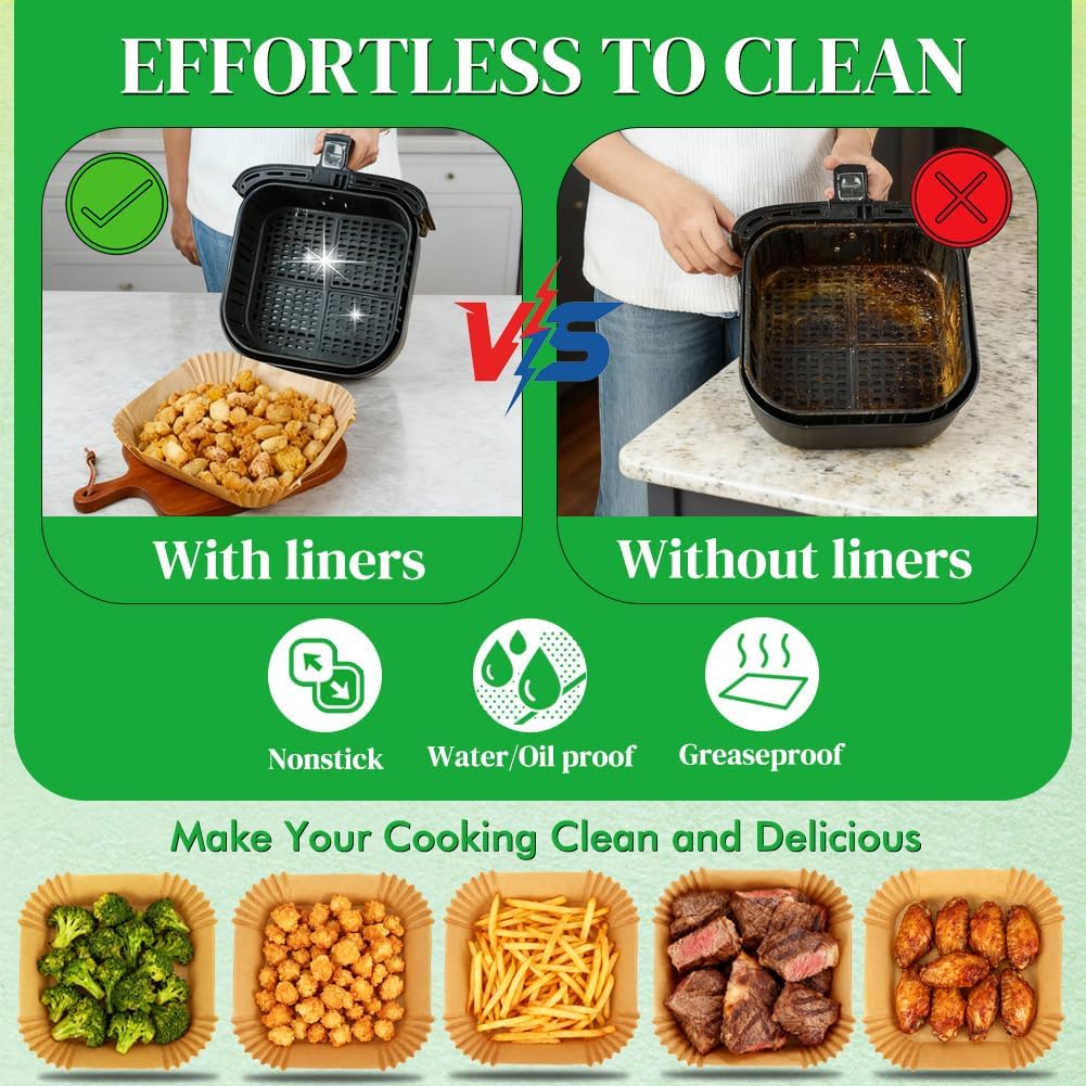 BYKITCHEN 8in Square Disposable Air Fryer Liners, 300PCS Parchment Paper