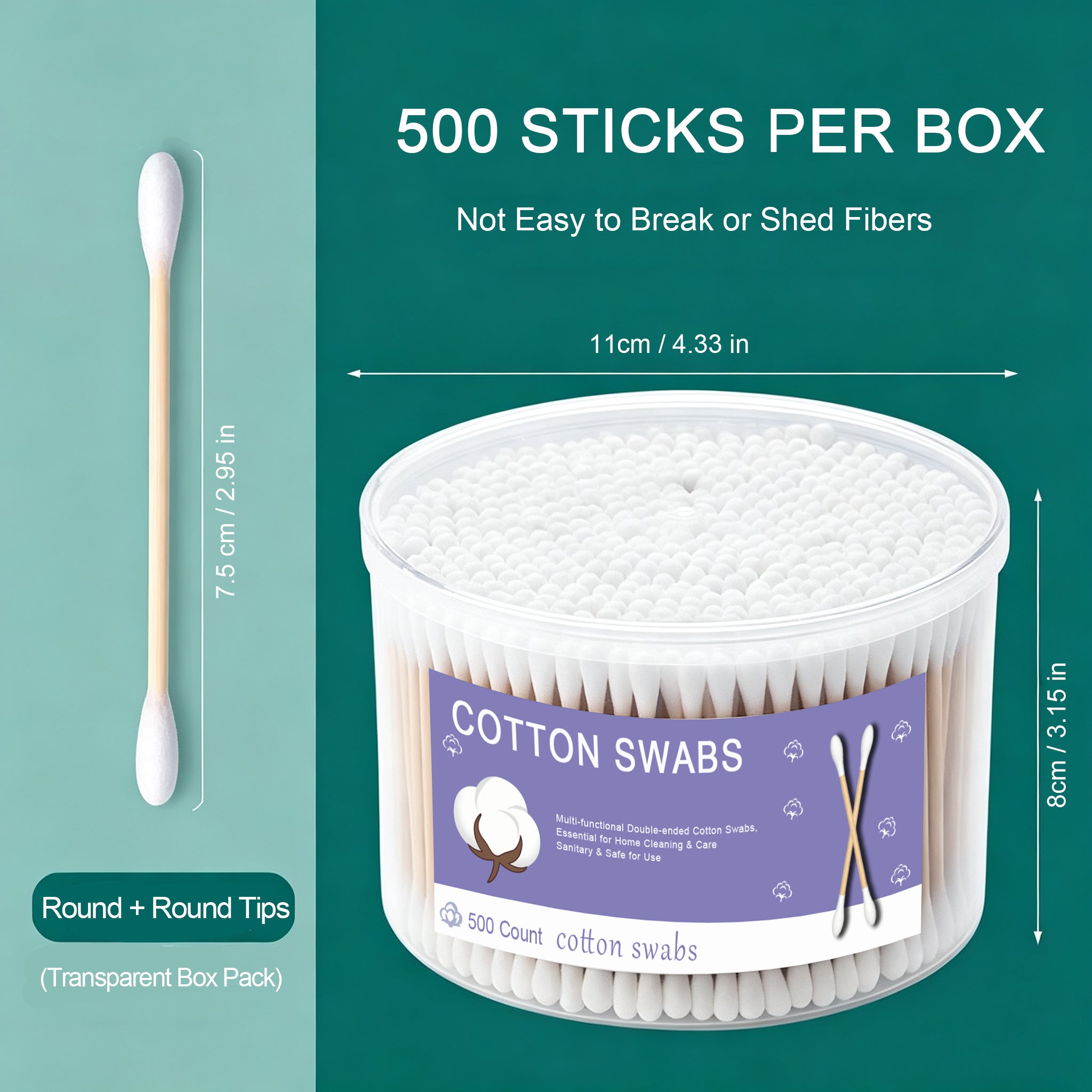 500 Count Double Round Thick Tips Cotton Swabs, Strong Bamboo Sticks