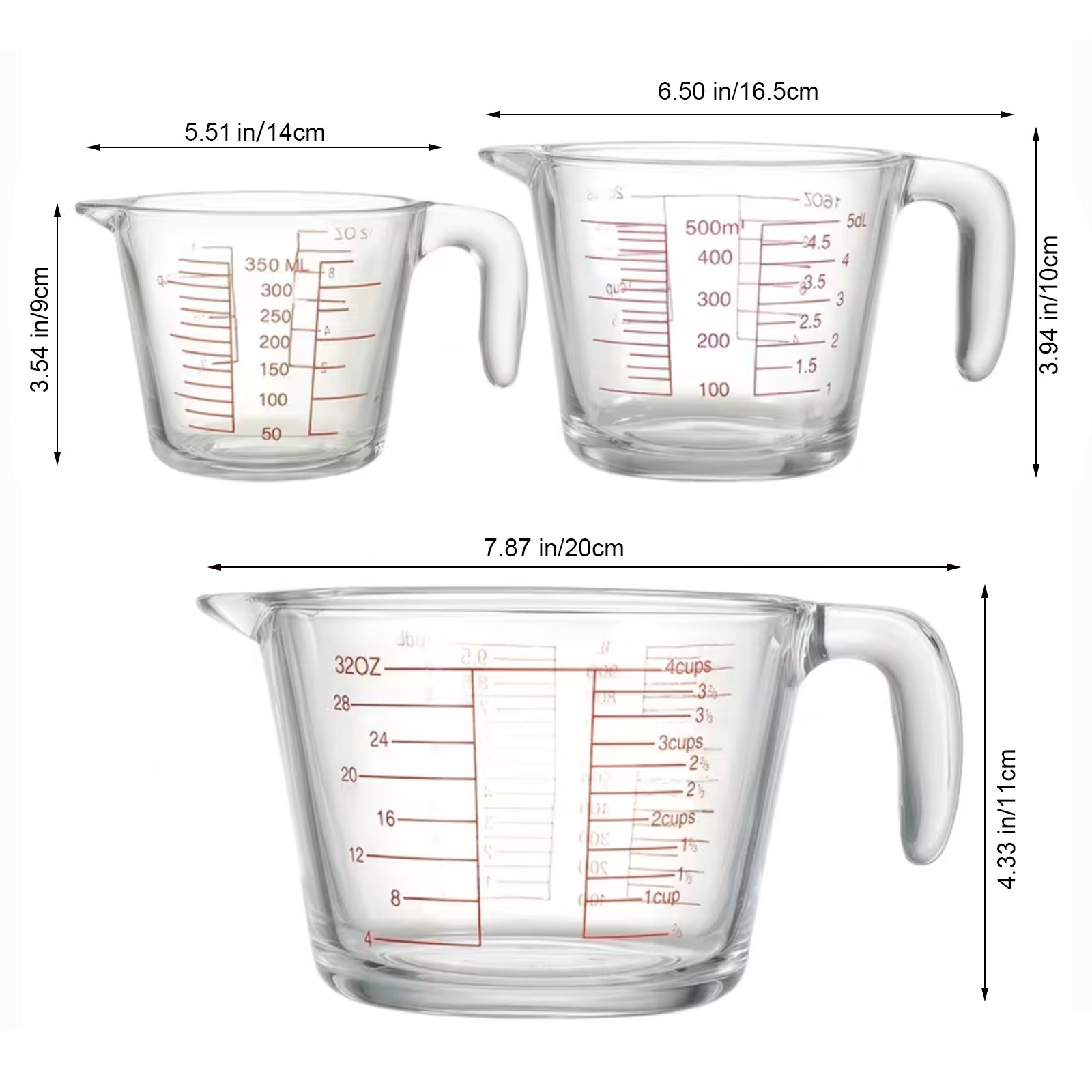 (1/3-PCS) Glass Measuring Cups(11.83oz 16.91oz 33.81oz)